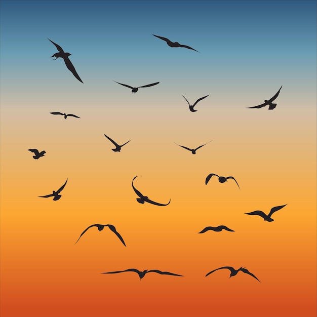 Een vectorverzameling of vogels die in een horizon vliegen