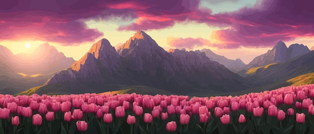 Een veld van tulpen tegen de achtergrond van bergen lente banner vector illustratie enorme veld van
