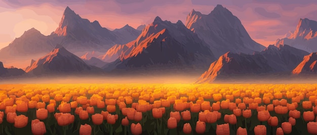 Vector een veld van tulpen tegen de achtergrond van bergen lente banner vector illustratie enorme veld van