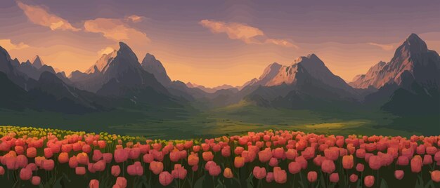 Een veld van tulpen tegen de achtergrond van bergen lente banner vector illustratie enorme veld van