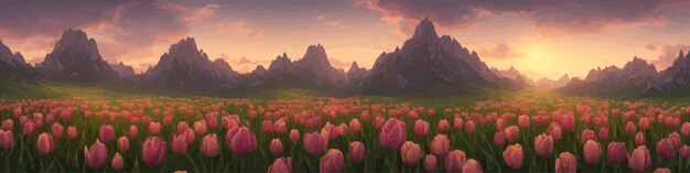 Vector een veld van tulpen tegen de achtergrond van bergen lente banner vector illustratie enorme veld van