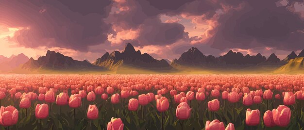 Vector een veld van tulpen tegen de achtergrond van bergen lente banner vector illustratie enorme veld van