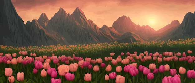 Vector een veld van tulpen tegen de achtergrond van bergen lente banner vector illustratie enorme veld van