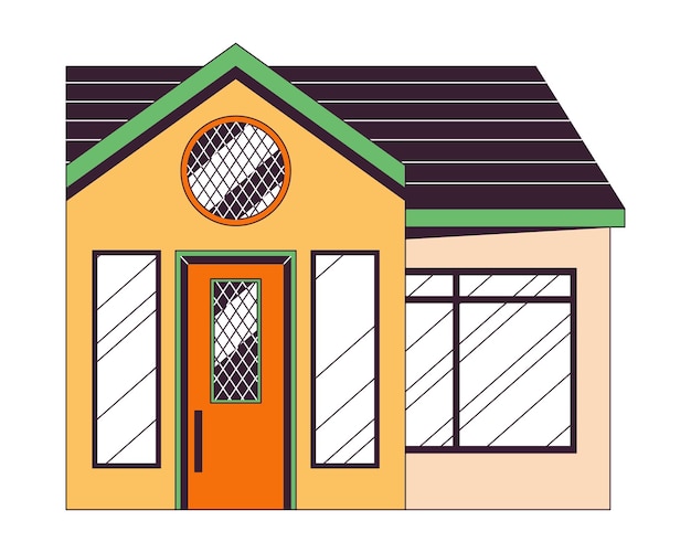 Eén verdieping huis 2D lineaire cartoon object Gewone woongebouw Eén verdieping huis geïsoleerd lijn vector element witte achtergrond Homestead onroerend goed ramen kleur platte plek illustratie