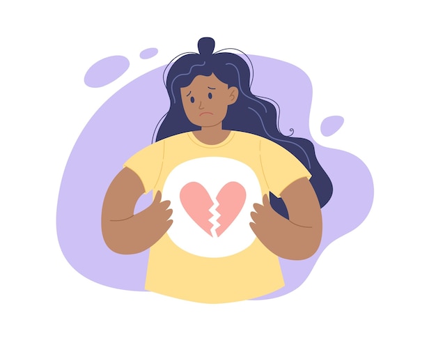 Vector een verdrietige afro-amerikaanse vrouw met een gebroken hart in haar borst vector illustratie
