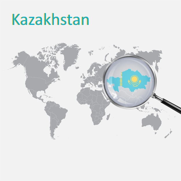 Een vergrootglas op de wereldkaart van Kazachstan Zoom Kazachstan kaart gradiënt achtergrondvlag