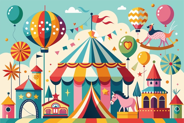 Een verjaardagscollage met een carnavalsthema met carouselpaarden en circustenten
