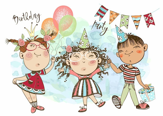 Vector een verjaardagskaart verjaardagsfeestje grappige kinderen met ballonnen en cadeaus vieren hun verjaardag vector