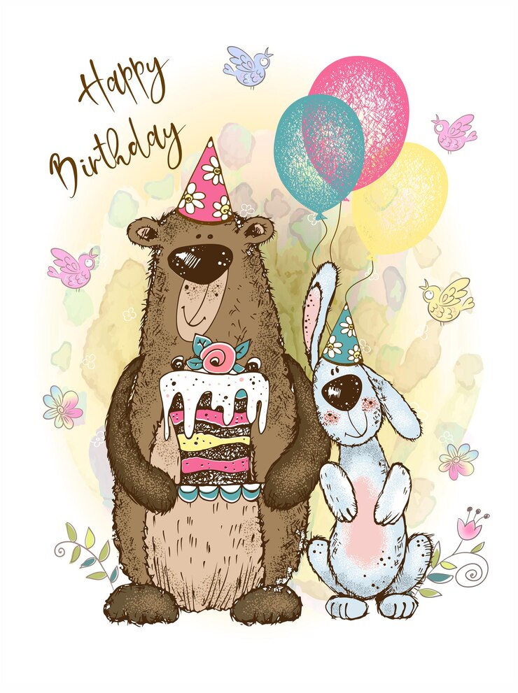 Vector een verjaardagskaartje leuke teddybeer en konijn met ballonnen en taart vector