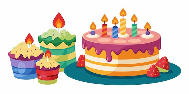 Vector een verjaardagstaart met een cupcake erop en een cupcoke met een cup cake in het midden