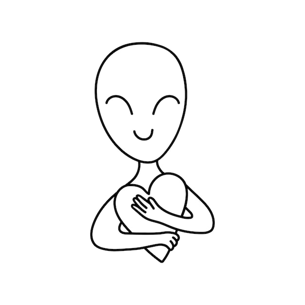 Een verliefde alien in doodle-stijl. Contour vector tekening van een schattige buitenaardse humanoïde. Ruimte karakter