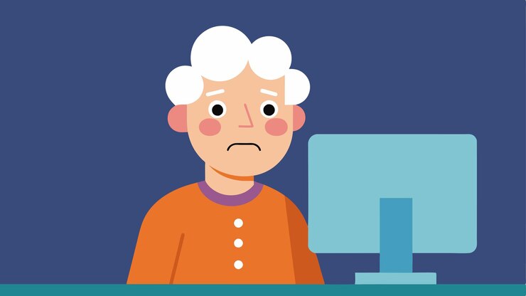 Een verward oudere persoon die een tutorialvideo probeert te bekijken om te leren hoe een computer te gebruiken, maar moeite heeft om de instructies te begrijpen. Vectorillustratie