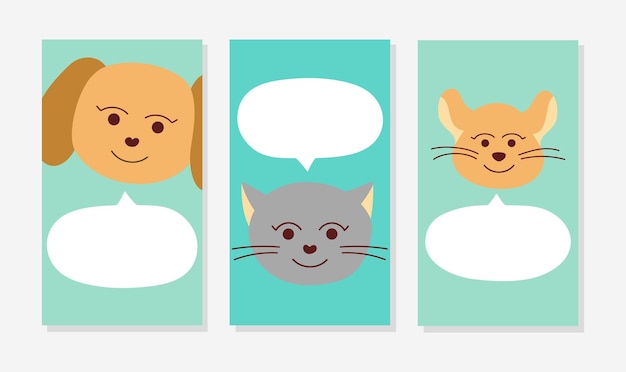 Een verzameling bannersjablonen met huisdieren kat hond en muis voor sociale netwerken Doodle-stijl