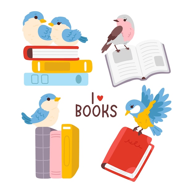 Een verzameling boeken en vogels met de woorden i love books erop