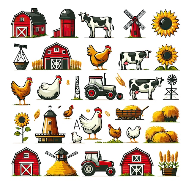een verzameling boerderijdieren, met inbegrip van een boerderij en een landbouwbedrijf