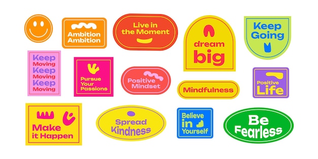 Een verzameling coole trendy stickers over motivatie en zelfontplooiing