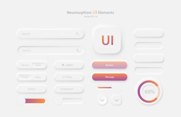 Een verzameling gebruikersinterface-elementen voor een mobiele applicatie in wit en oranjepaars