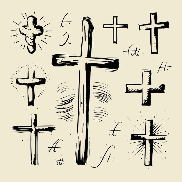 Een verzameling handgetekende vectorillustratieschetsen met verschillende christelijke kruisen, waaronder symbolen die vaak worden geassocieerd met pasen en het christendom