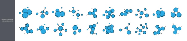 Vector een verzameling iconen met omtrek van moleculen atomaire verbindingen in blauw op een witte achtergrond de