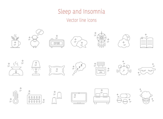 Een verzameling iconen over het thema slaap en slapeloosheid schets en silhouet