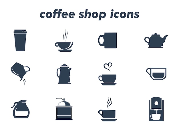 Een verzameling iconen voor coffeeshop Vector zwarte coffeeshop iconen set