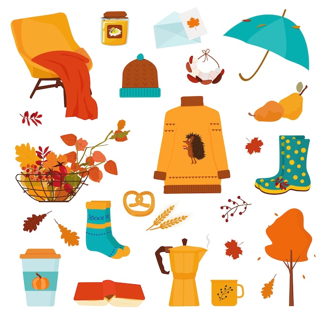 Een verzameling knusse items die te maken hebben met herfst en oogst. vector