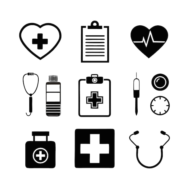 een verzameling medische iconen, waaronder een medische stethoscoop en medische benodigdheden