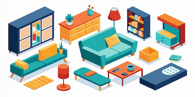 Vector een verzameling meubels, waaronder een koffietafel, een koffiettafel en een boekenkast