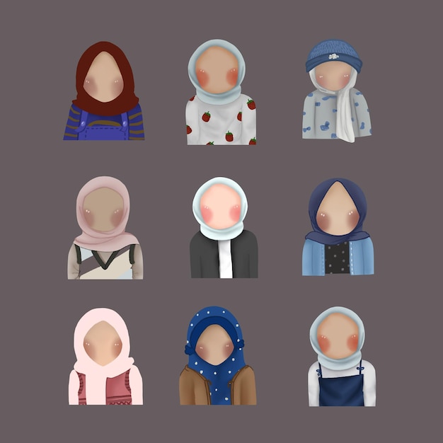 Vector een verzameling moslima's die verschillende hijab-stijlen dragen met een gezichtsloos karakter