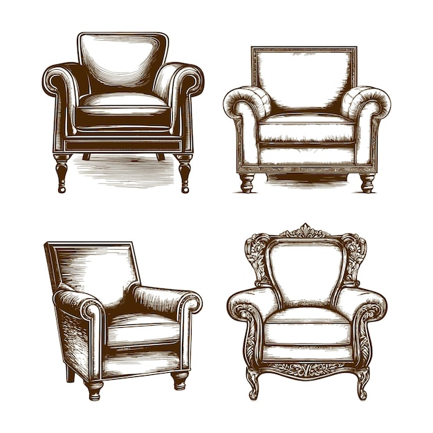 Vector een verzameling ouderwetse stoelen uit het begin van de jaren 1900.