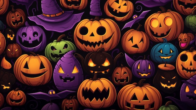 Vector een verzameling pompoenen met een paarse achtergrond en een zwart-witte die zegt gelukkige halloween