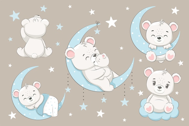 Een verzameling schattige beren, slapend op de maan, dromend en vliegend in een droom op de wolken. Cartoon vectorillustratie.