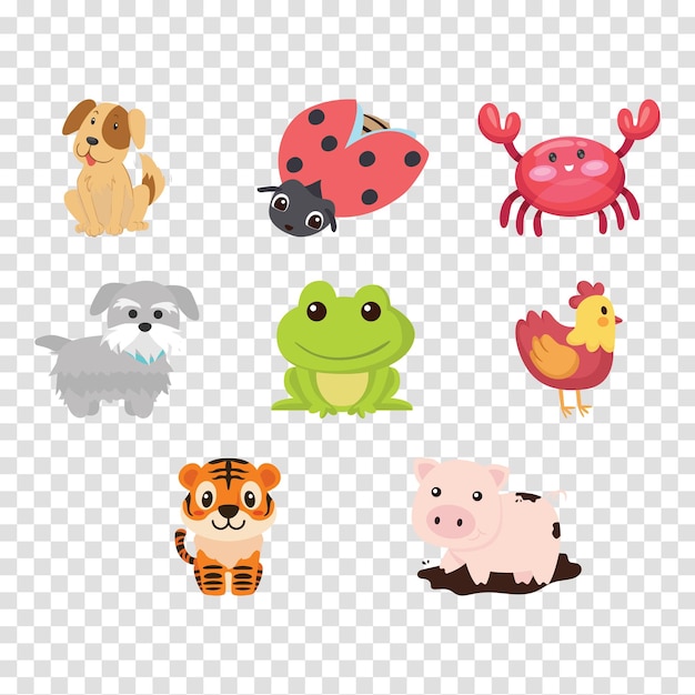 een verzameling schattige dieren op een doorzichtige achtergrond