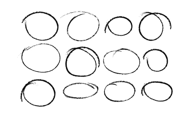 Een verzameling schetsen van de contouren van een ellips op een witte achtergrond, handmatig getekend met een enkele lijnmarker