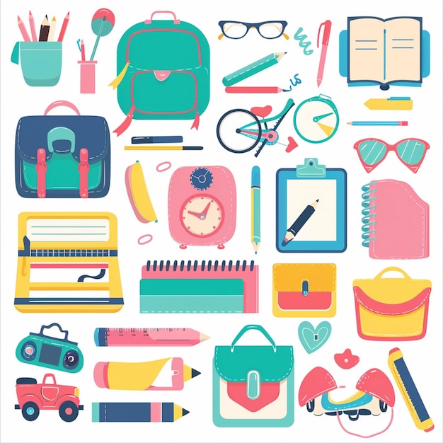 een verzameling schoolbenodigdheden, waaronder een rugzak en een rugzak