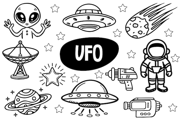 Een verzameling tekeningen met ufo's, buitenaardse planeten en een astronaut. Het ontwerp bevat sterren en