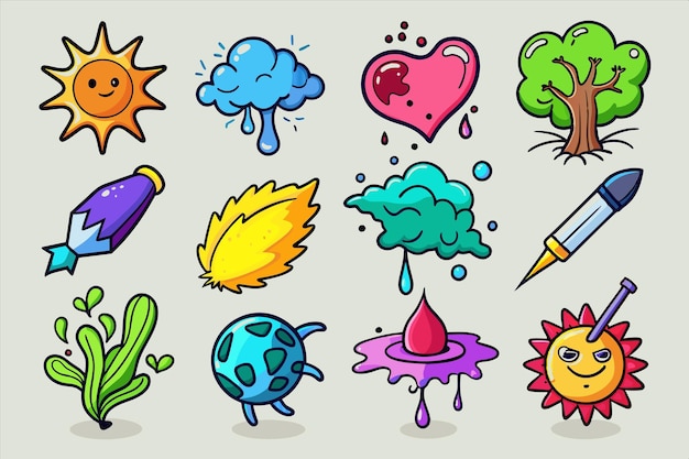 een verzameling van verschillende gekleurde illustraties, waaronder de zon wolken en het woord liefde