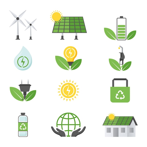 een verzameling van verschillende iconen, waaronder zonne-energie en zonne- energie