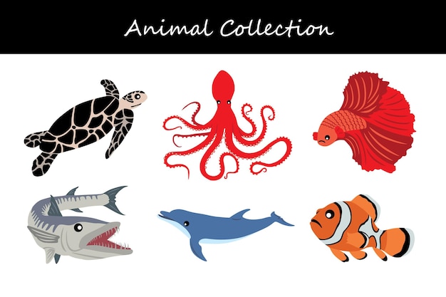een verzameling zeedieren, waaronder een zeeschildpad, octopus en octopus