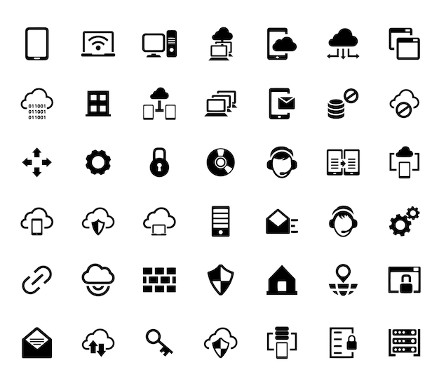 een verzameling zwarte en witte iconen met een witte achtergrond