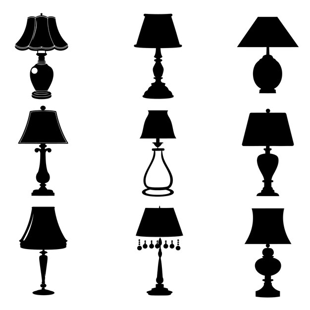 een verzameling zwarte en witte lampen met een witte achtergrond