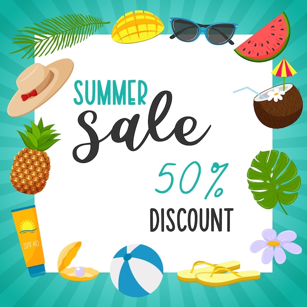 Een vierkante ansichtkaart met een turquoise gestreepte lijst en de woorden summer sale. zomer decoratieve elementen, hoed, zonnebrandcrème, slippers, palmblad, cocktail, kokosnoot, mango. vectorillustratie. vlakke stijl.