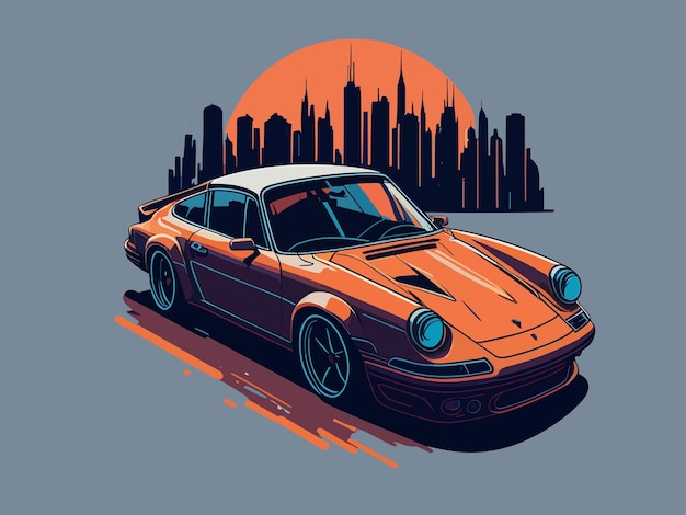 Een vintage porsche 911 met een skyline van de stad op de achtergrond