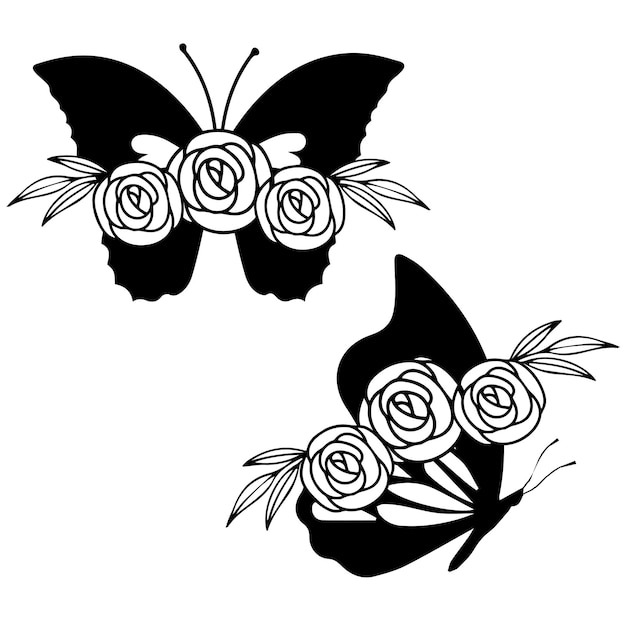 Een vlinder en bloemen staan op een witte achtergrond.