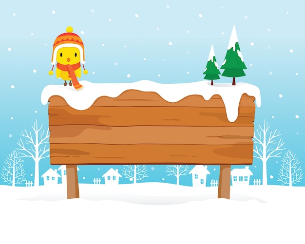 Een vogel dragen winter hoed en sjaal zat op houten bord op sneeuw stapel, sneeuw vallen, winterseizoen