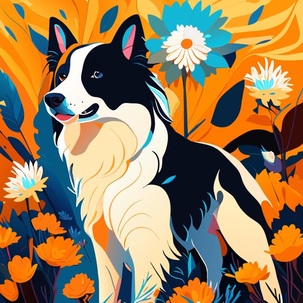 een vol lichaam gelukkige witte border collie catcolorful oranje en blauwe ogen lelie bloemen schijnend licht