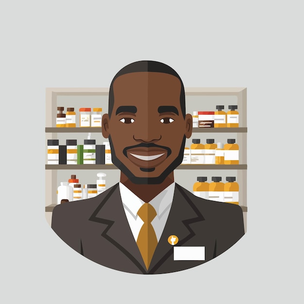 Een volwassen zwarte man aan het werk in een apotheker met op de achtergrond een plank met drogisterijdrugs
