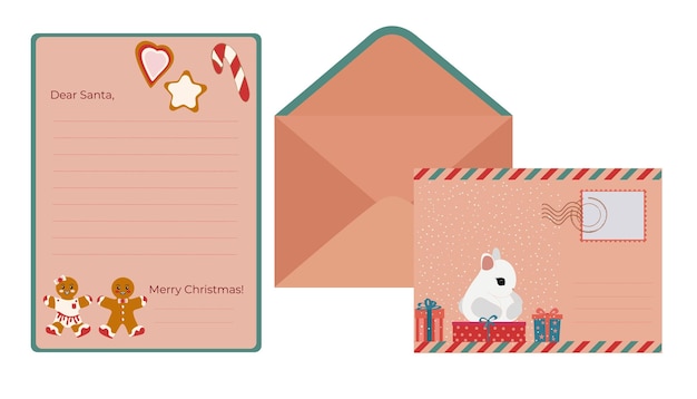 Een voorbeeld van een nieuwjaarsbrief aan de kerstman en een envelop Flat design Vector illustratie