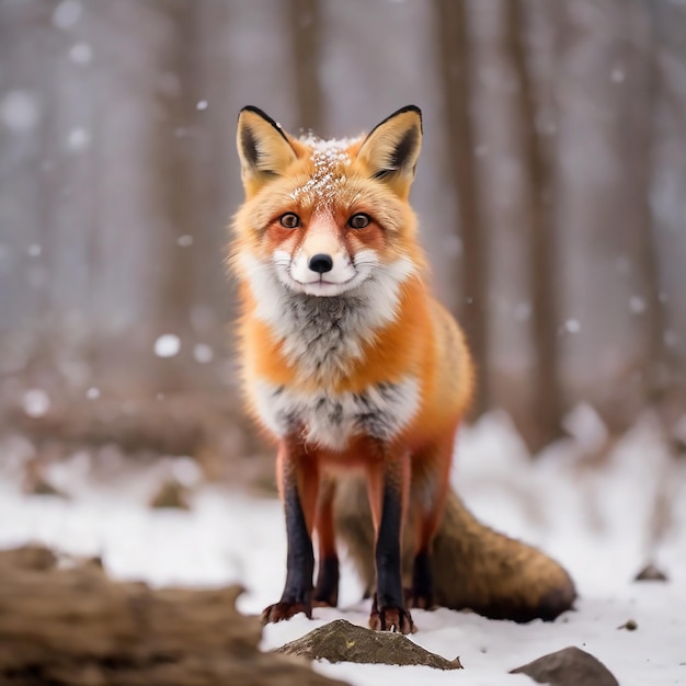 Een vos die in de besneeuwde bergen van een Japanse winter staat