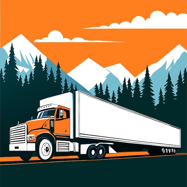 Vector een vrachtwagen met een witte aanhangwagen rijdt over een weg met bergen op de achtergrond